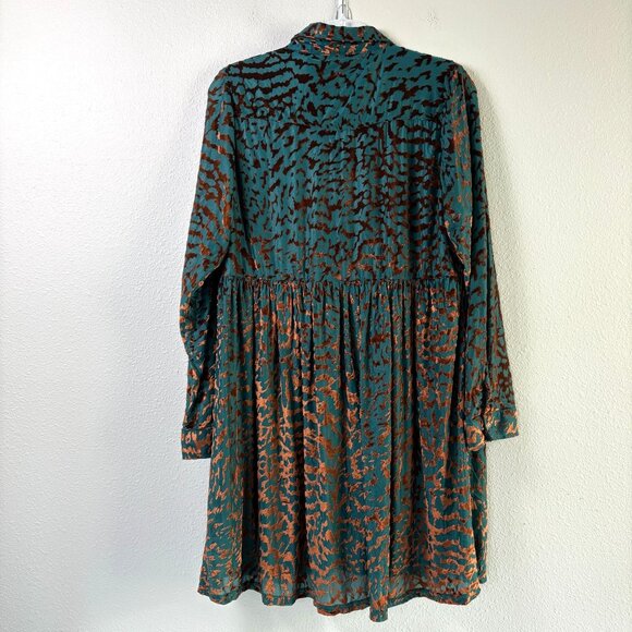 Jodifl Crushed Velvet Animal Print Shirt Dress Womens L Teal Bronze Long Sleeve - Picture 3 of 13